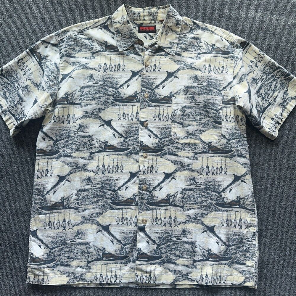 Wolverine Fishing Shirt Men's Short Sleeve All Over Fish Print Button Up Large L